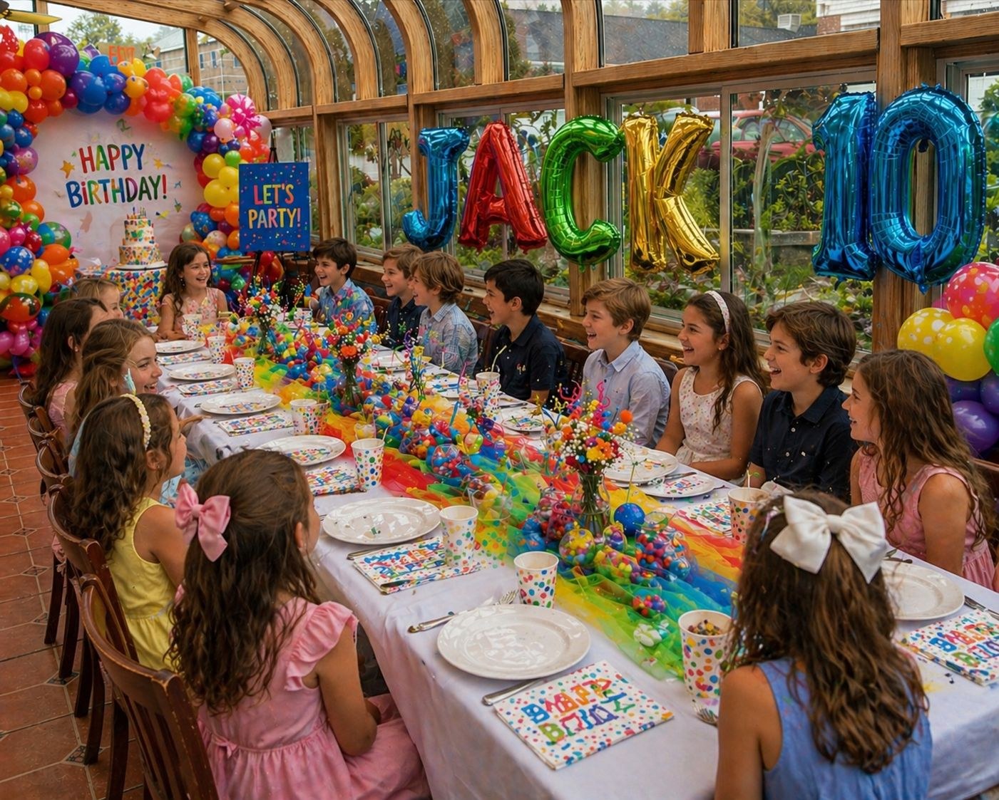 A colorful birthday gathering with balloons and a decorated table