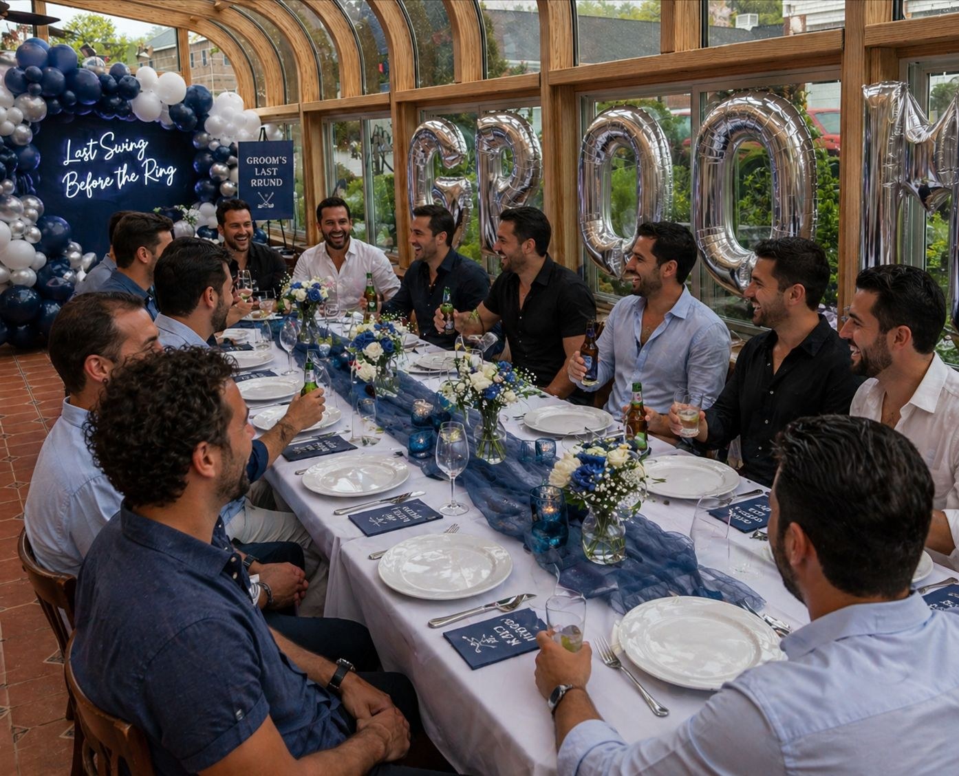 Friends gathered for a bachelor party in the glass-lined dining room