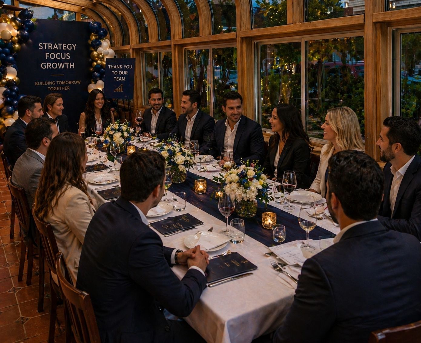 A group celebrating together at a corporate dinner