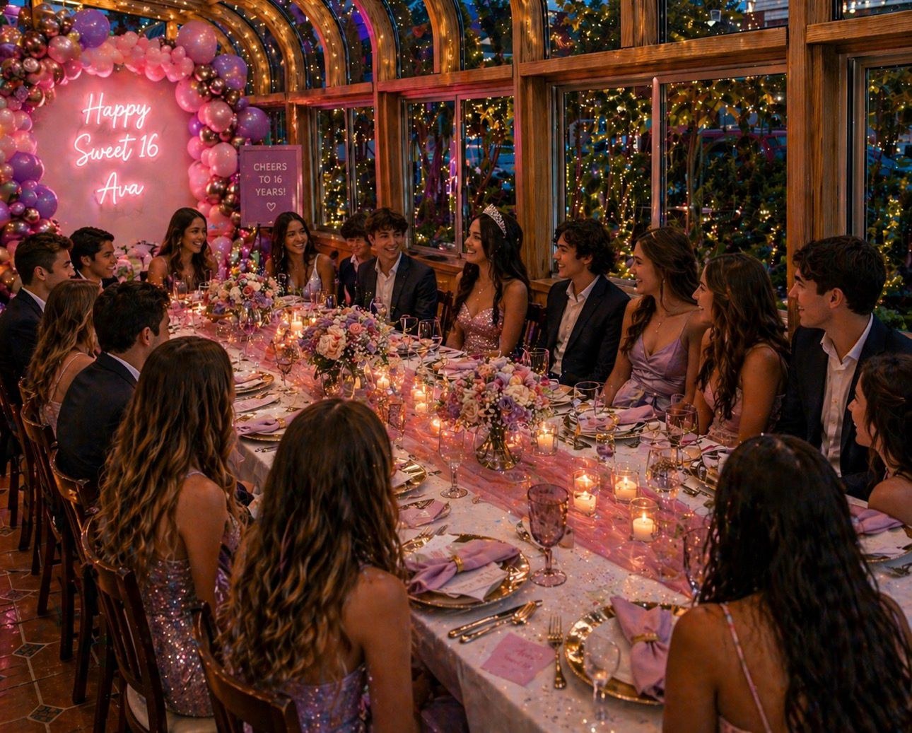 A sweet sixteen celebration with flowers, candles and pink balloons